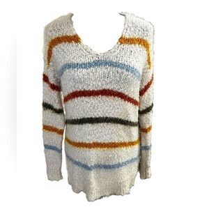 The Nines V-Neck Sweater Oversized Fit - Cream with Multi Stripe - Eyelash Yarn
